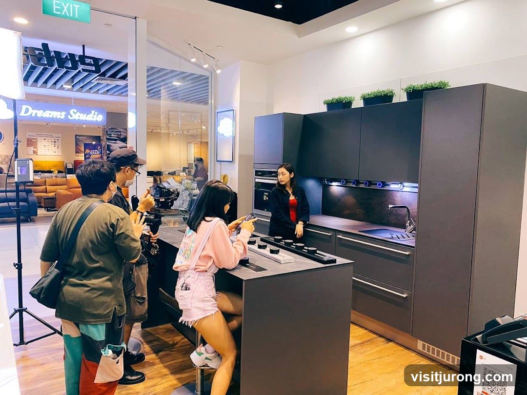 People filming in a kitchen showroom