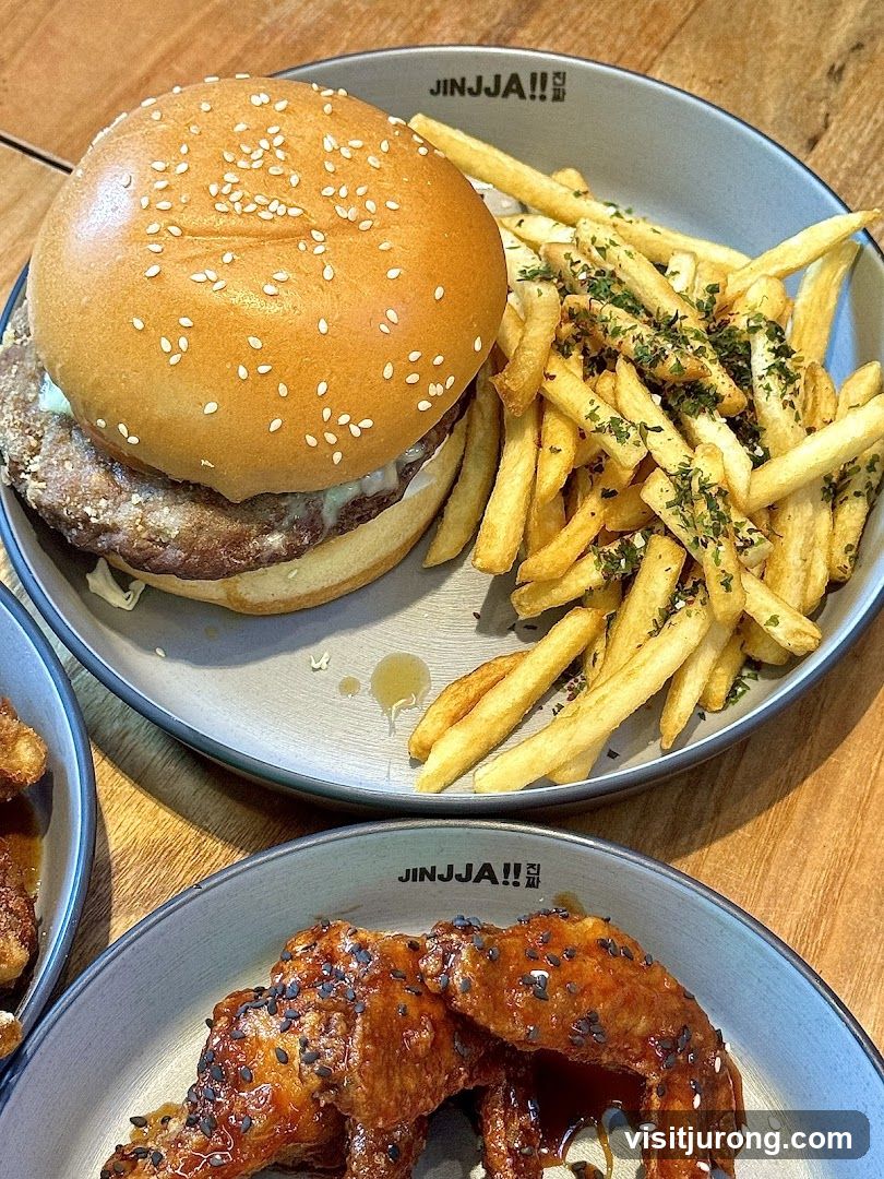 Burger and Fries with Korean Fried Chicken Wings