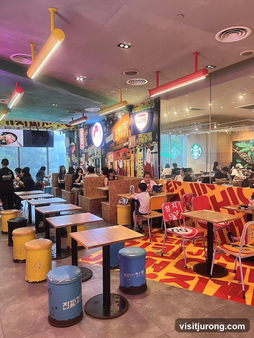 Vibrant Restaurant Interior with Korean-Themed Decor