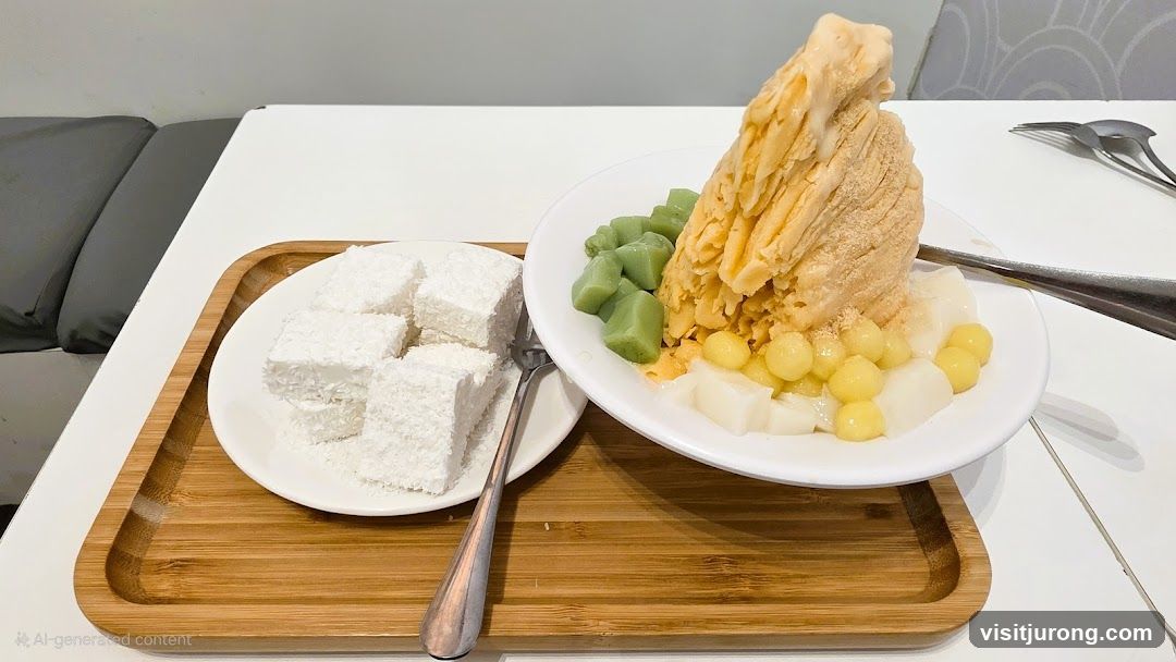 Dessert with shaved ice and coconut squares