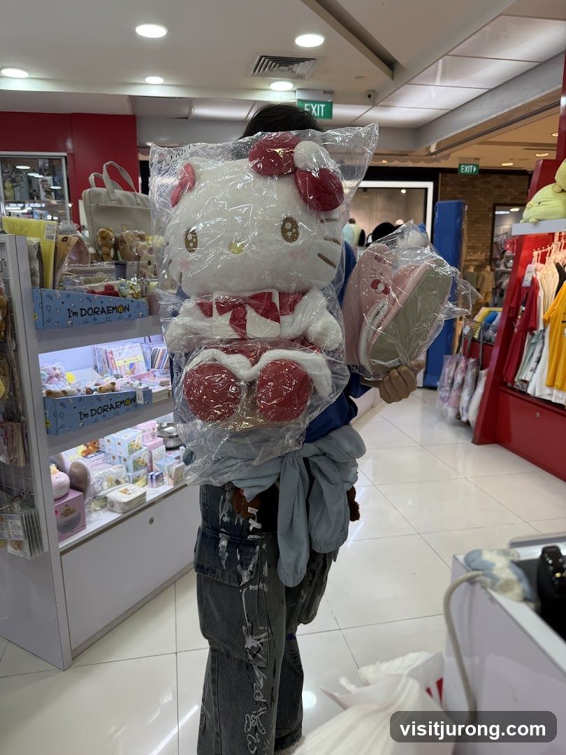 Person holding Hello Kitty plush and slippers