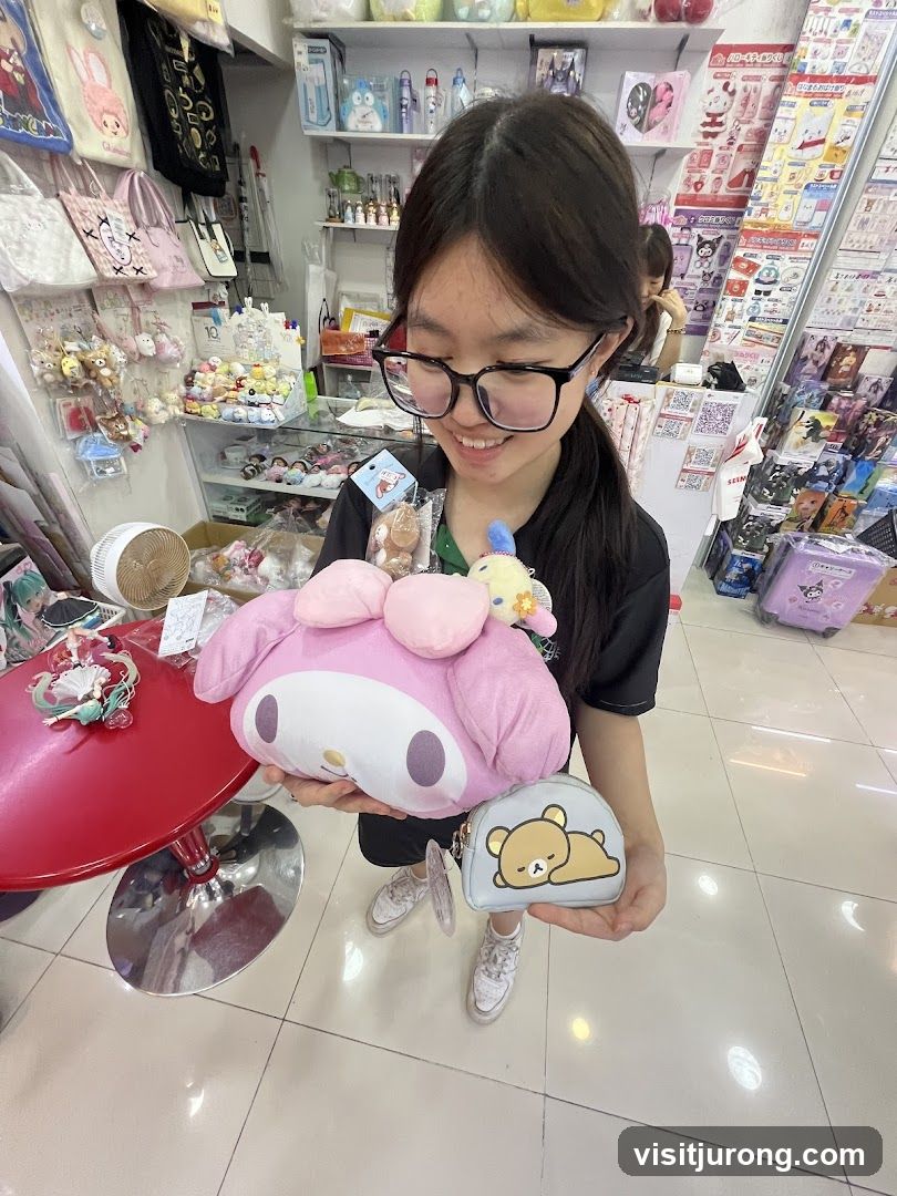 Young woman holding plush toys in a store