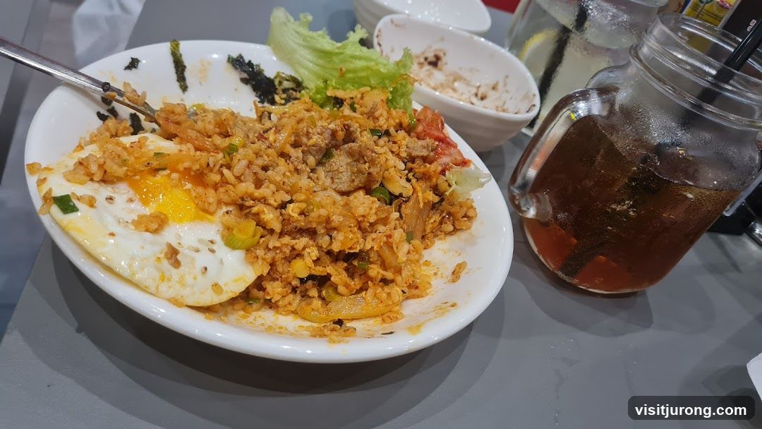 Kimchi Fried Rice with Fried Egg and Iced Tea