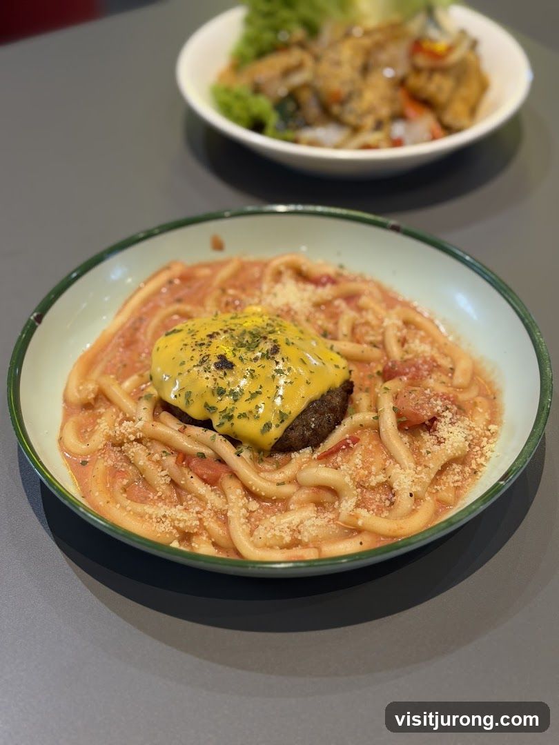 Udon with Tomato Sauce and Cheeseburger Patty