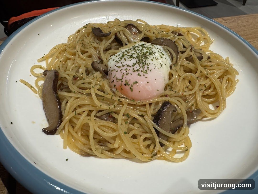 Mushroom Spaghetti with Poached Egg