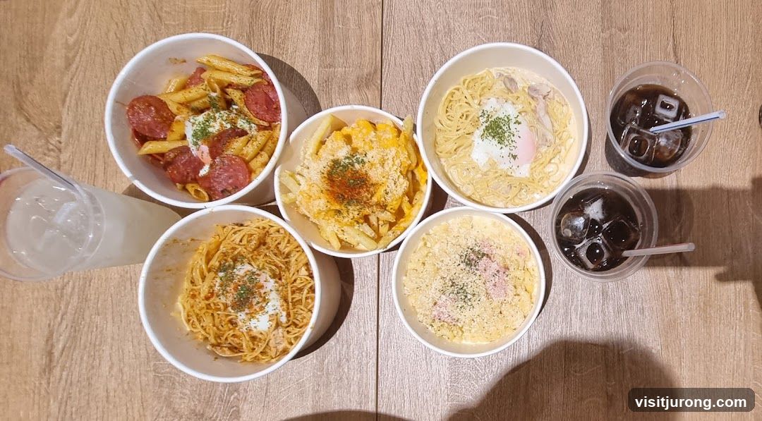 Assortment of Pasta Dishes and Drinks