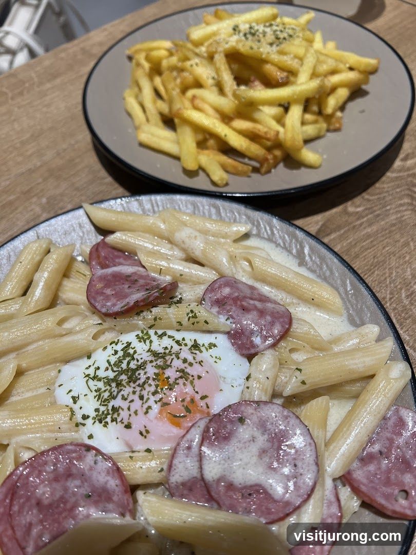 Pasta with Egg and Sausage and French Fries