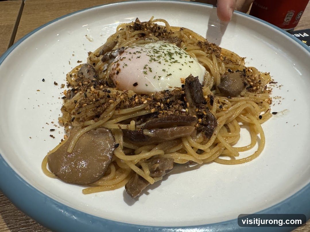 Mushroom Spaghetti with Poached Egg