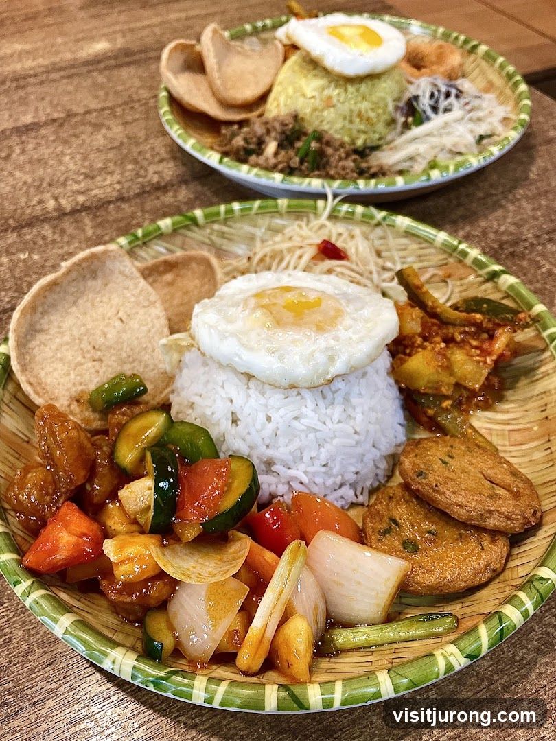 Two plates of rice with fried eggs and stir-fried vegetables