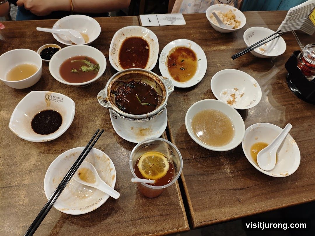 Table with leftover food and drinks