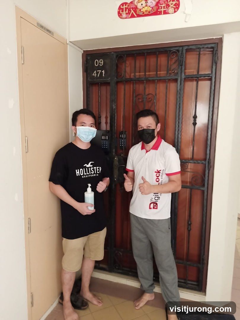 Two men standing by a door