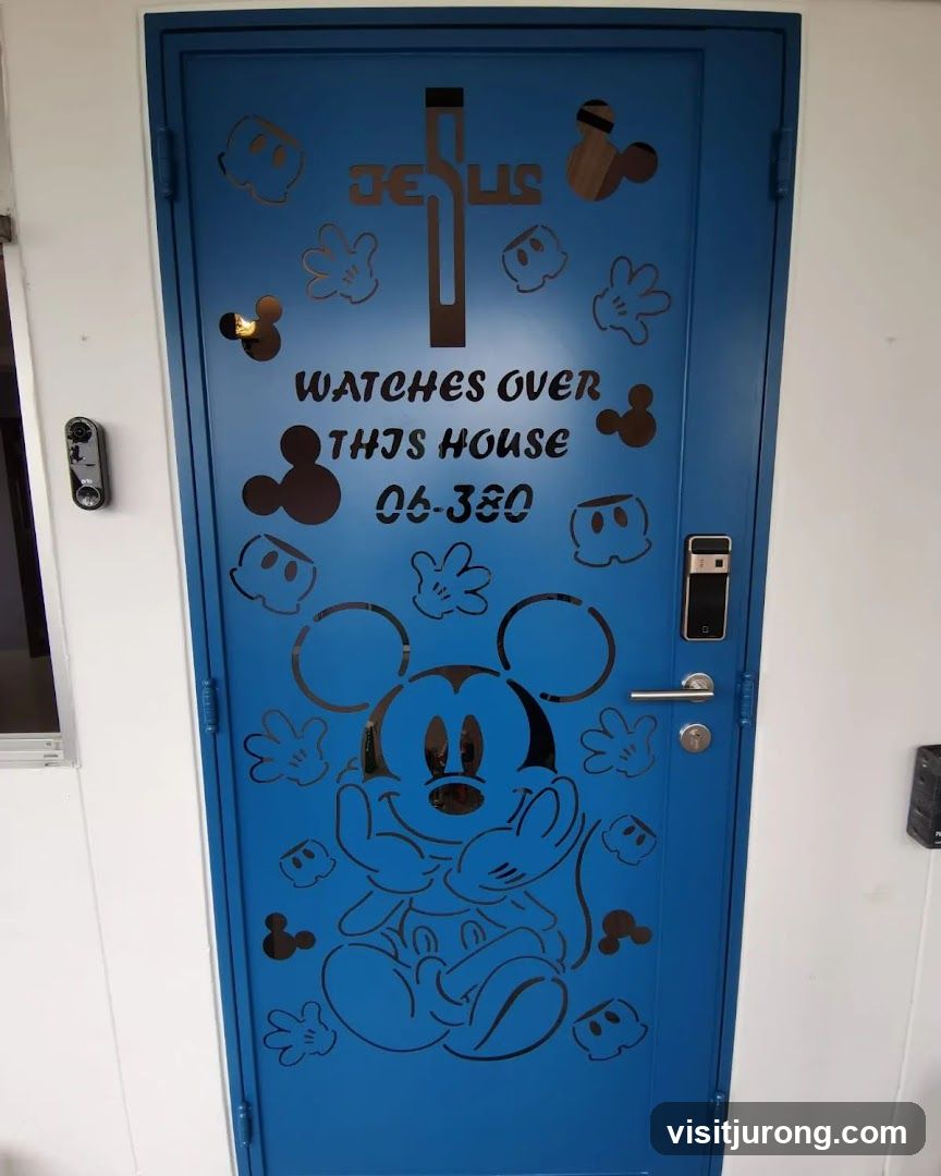 Blue Door with Mickey Mouse and Religious Decals
