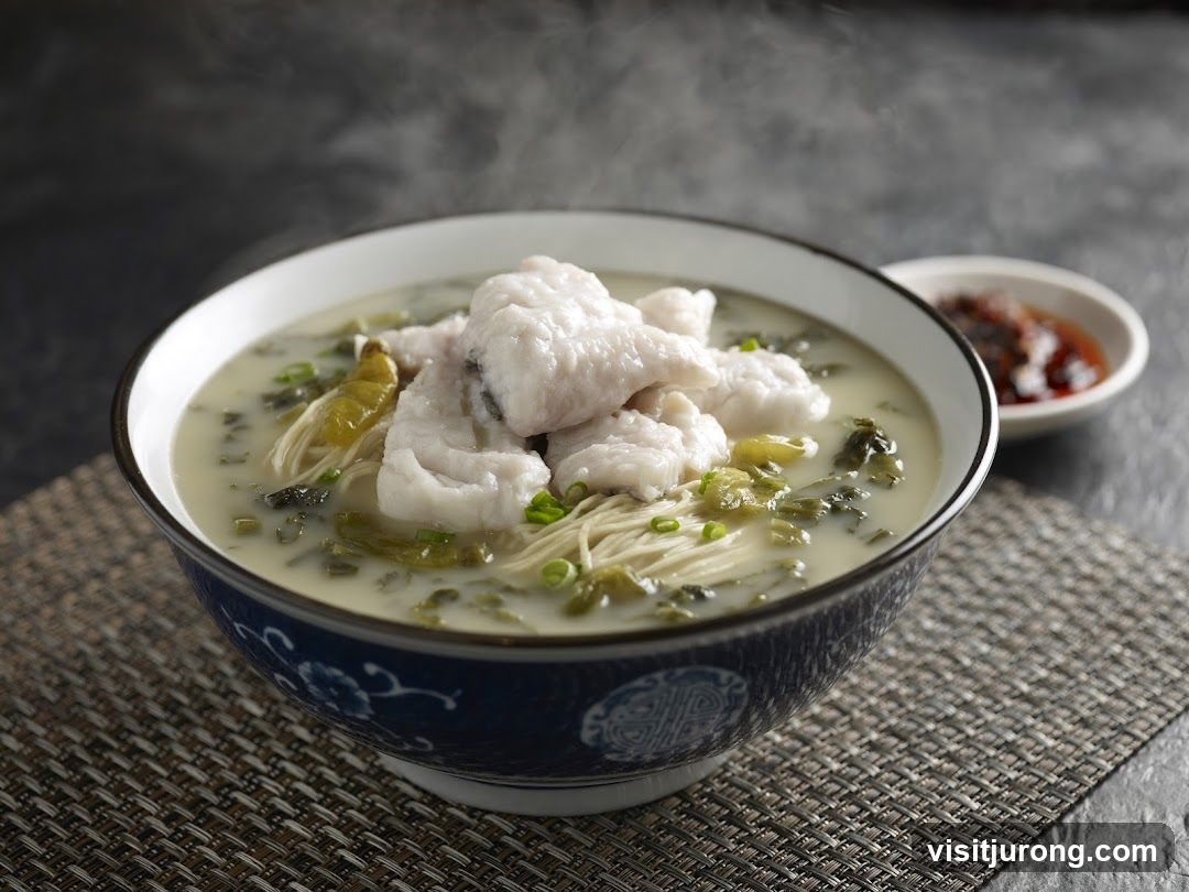 Steaming Bowl of Fish Soup with Noodles