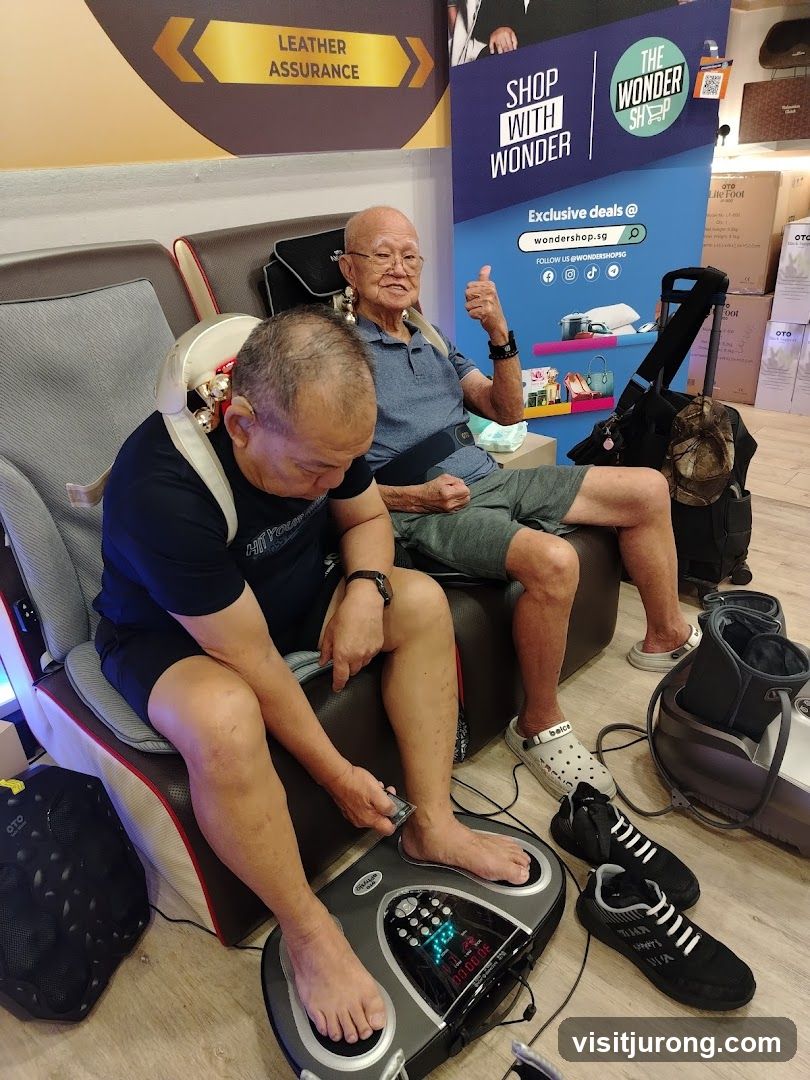 Two men testing massage devices