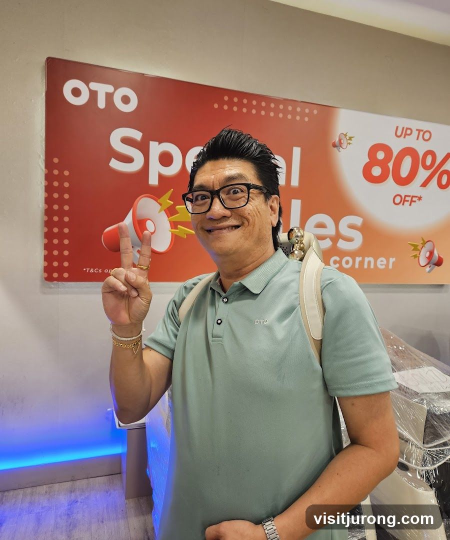 Man posing in front of a sale banner