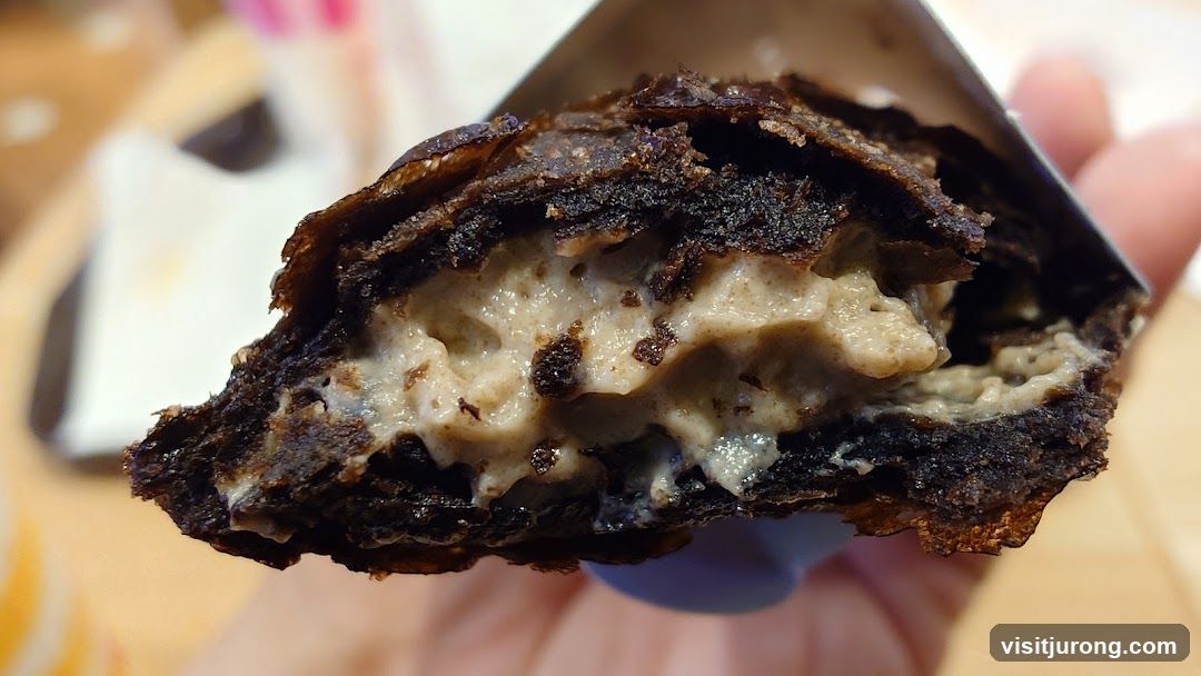 Close-up of a chocolate pastry with cream filling