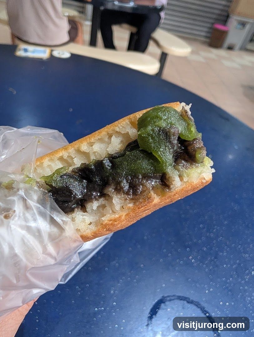Close-up of a sweet pastry with green filling