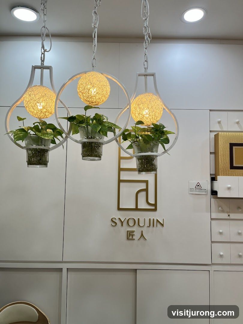 Interior with hanging lights and signage