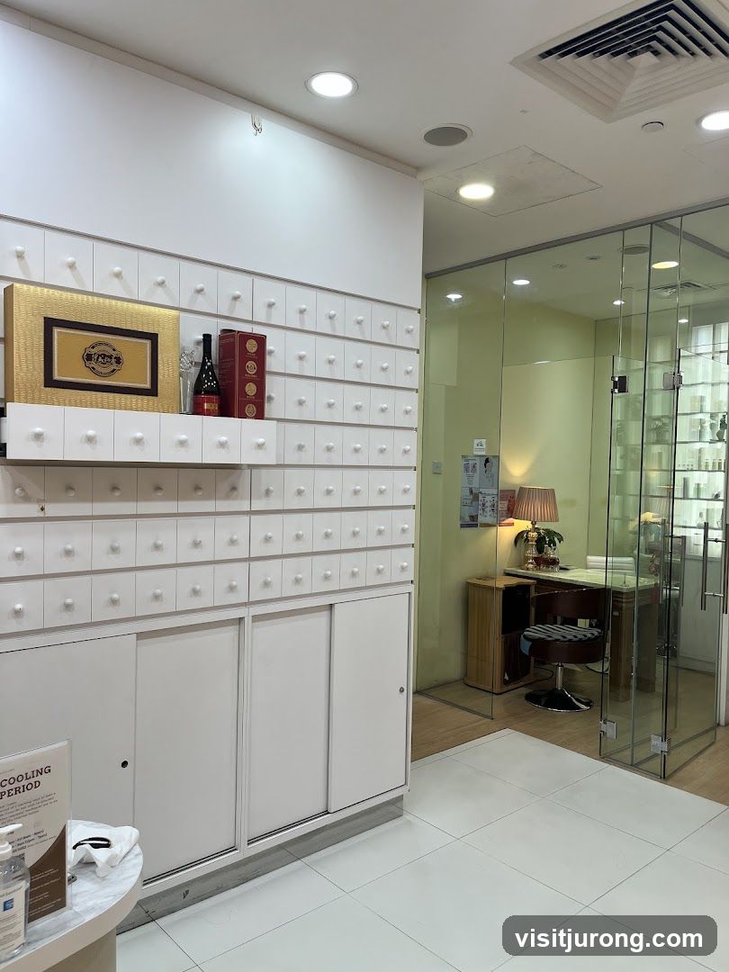 Interior of a shop with display cabinets and a consultation room