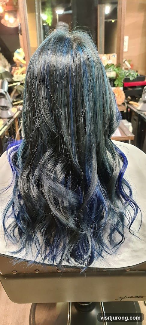 Woman with blue-streaked hair