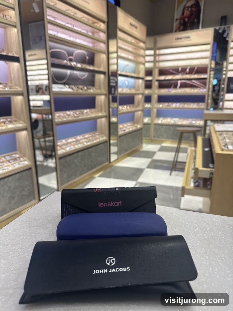 Eyewear store interior with display shelves and cases