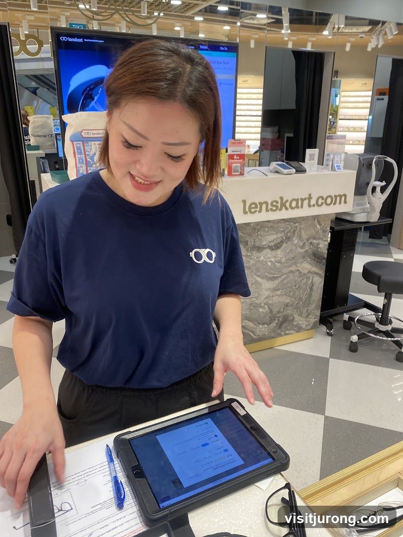 Optician assisting customer