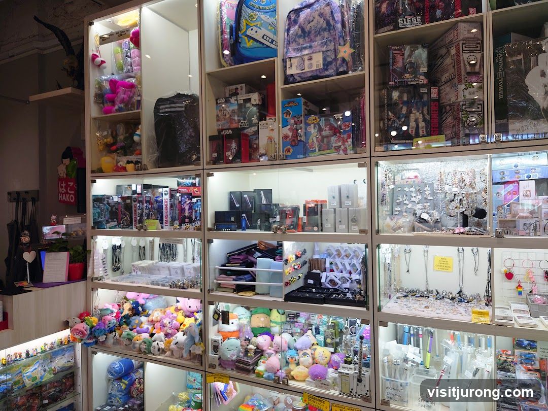Display shelves with toys and accessories
