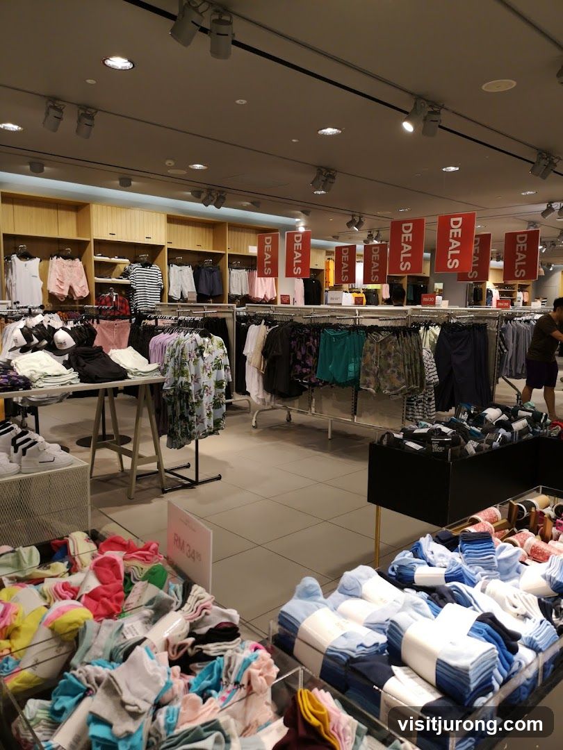Clothing store interior with sale signs
