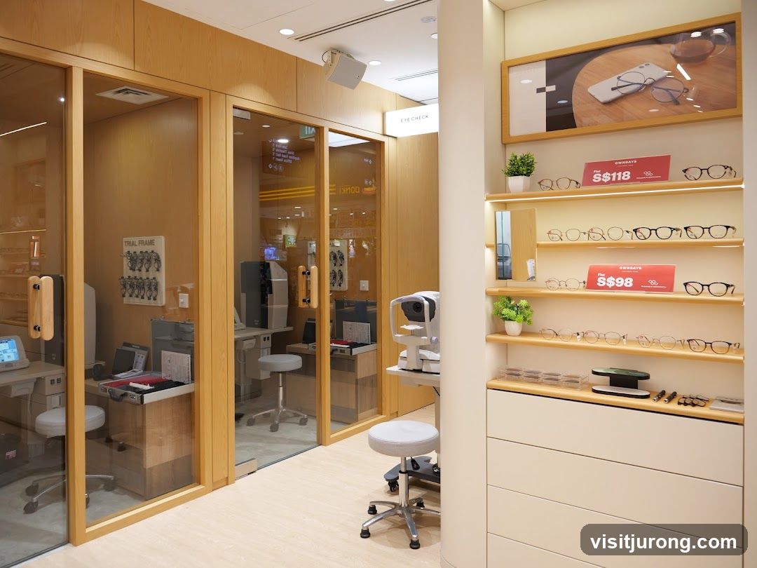 Eyewear store interior with eye examination rooms and display shelves