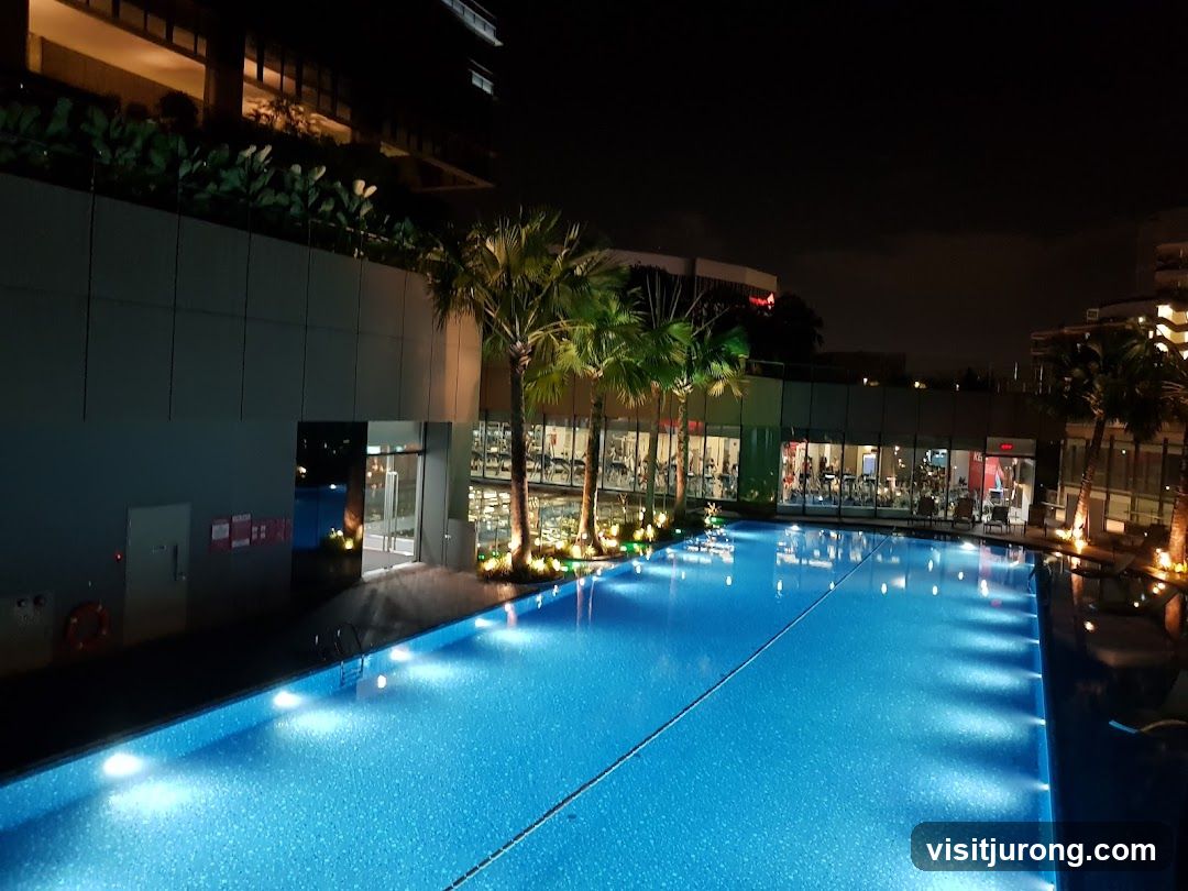 Nighttime swimming pool and gym view