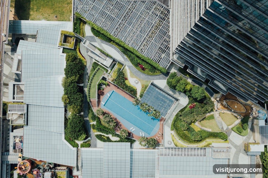 Aerial View of a Modern Complex with Pool and Gardens