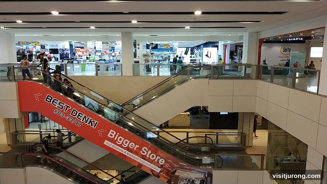 Mall Interior with Escalators and Stores
