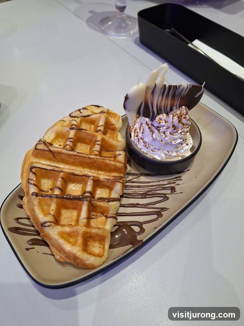Waffle with Whipped Cream and Chocolate Drizzle