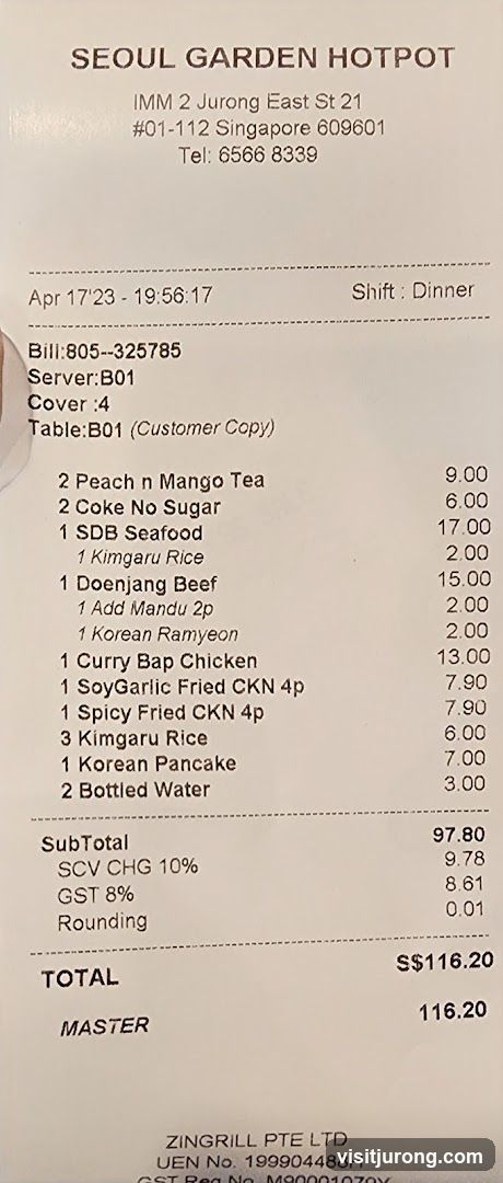 Seoul Garden Hotpot Receipt