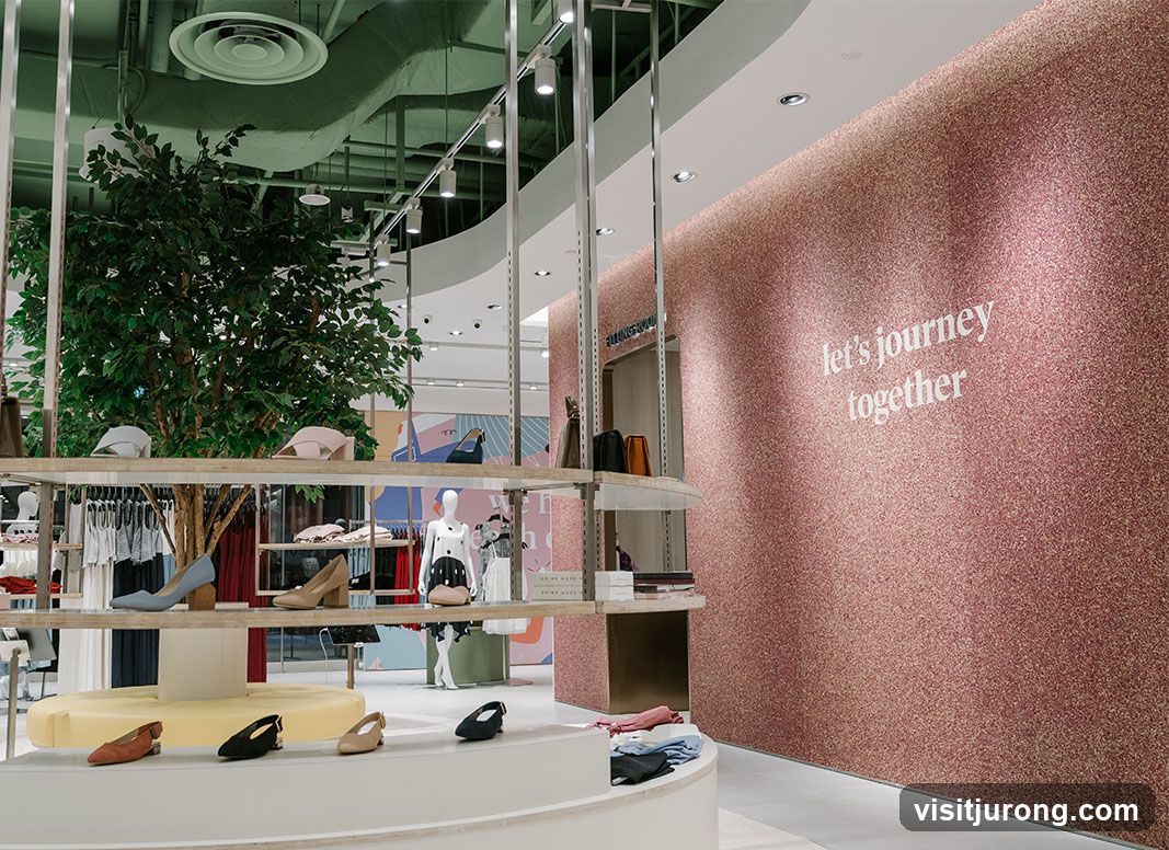 Clothing store interior with display shelves and mannequins