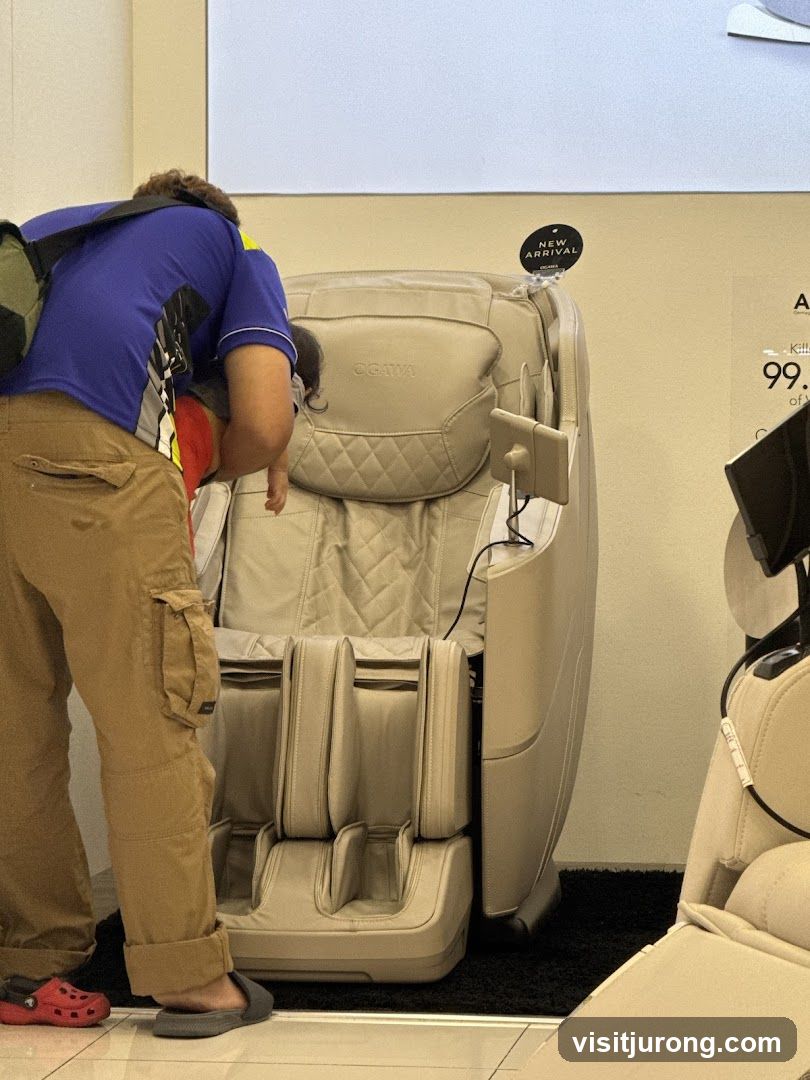 Person examining a massage chair