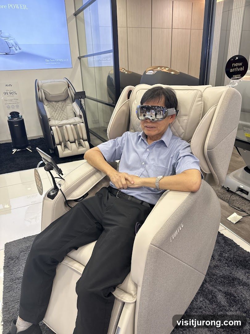 Man trying out a massage chair
