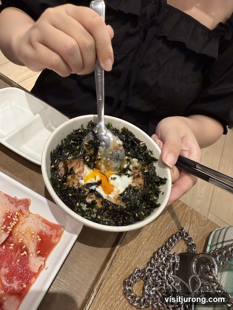 Person eating a bowl of rice with seaweed and egg