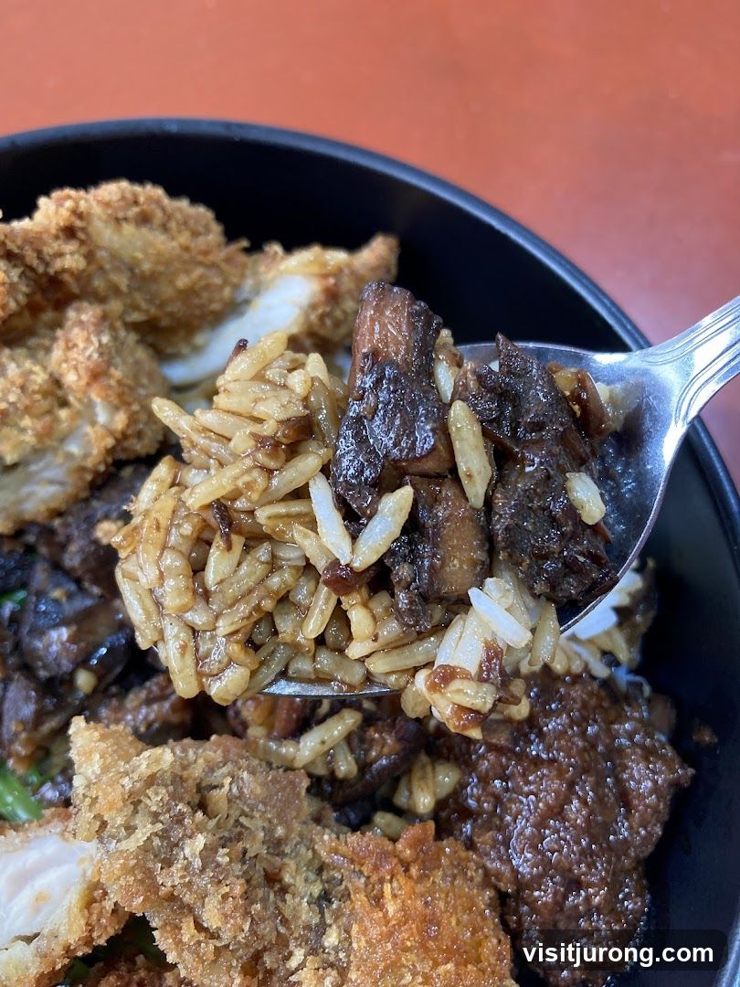 Close-up of a Spoonful of Rice and Meat