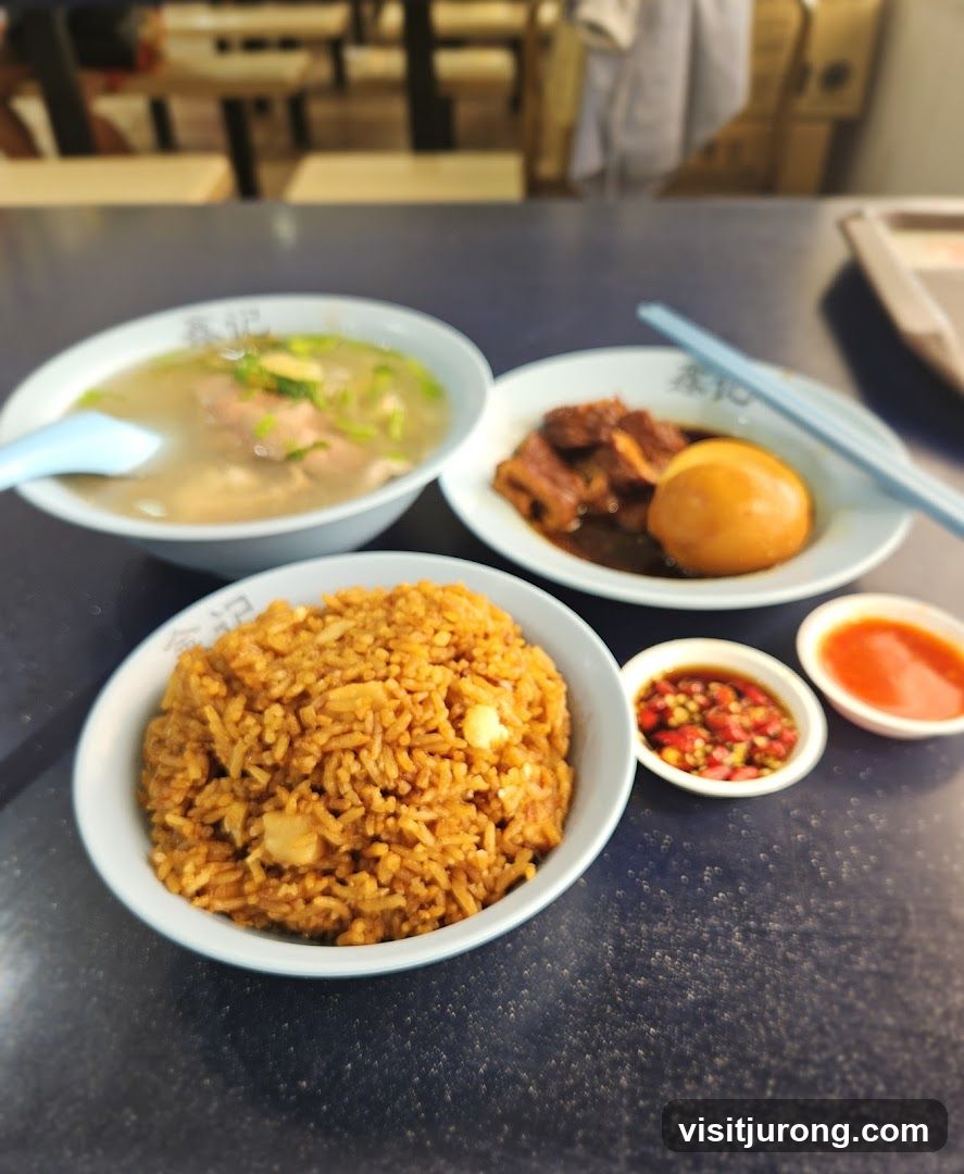Meal with Fried Rice, Braised Pork, and Soup