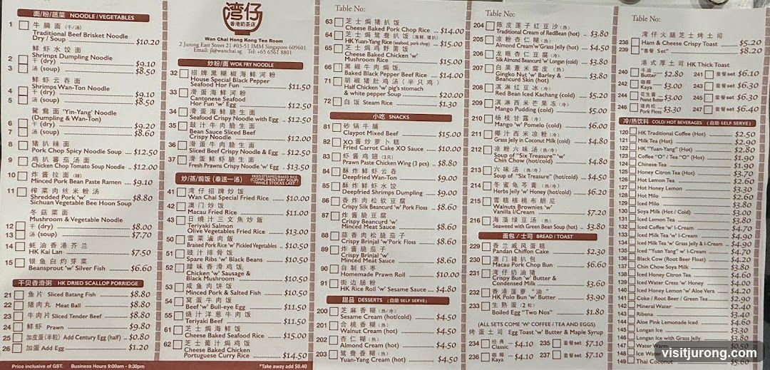 Wan Chai Hong Kong Tea Room Menu