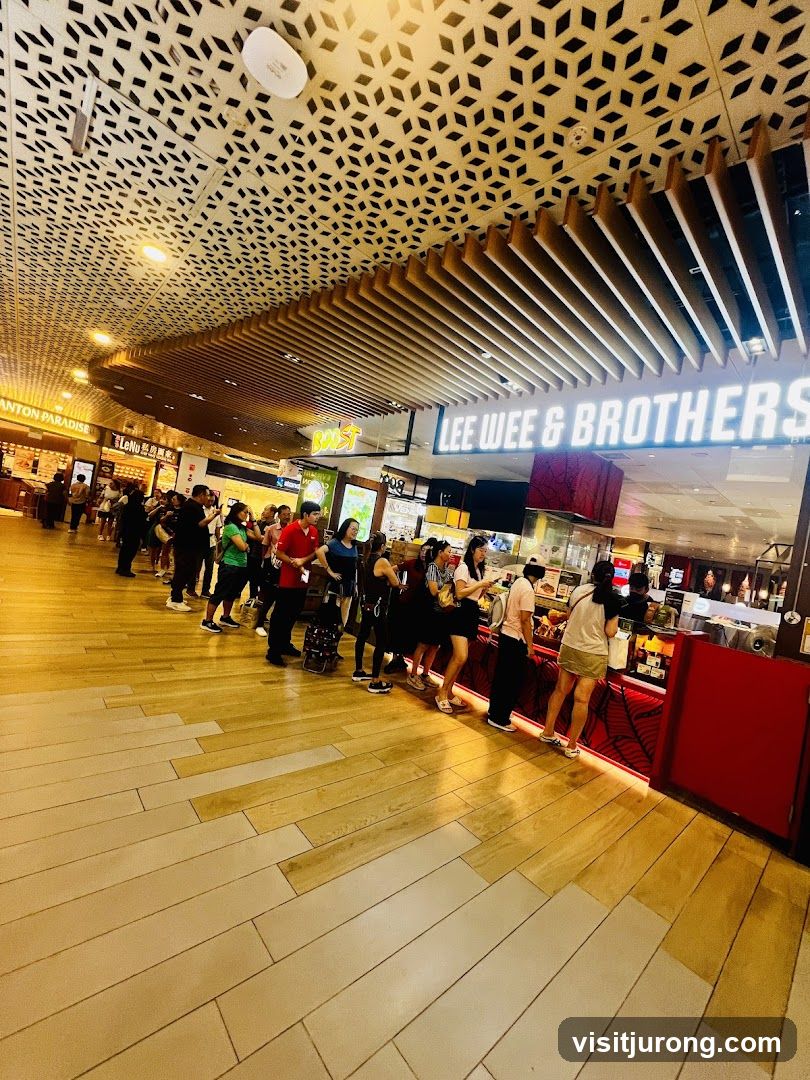 Food court with a long queue