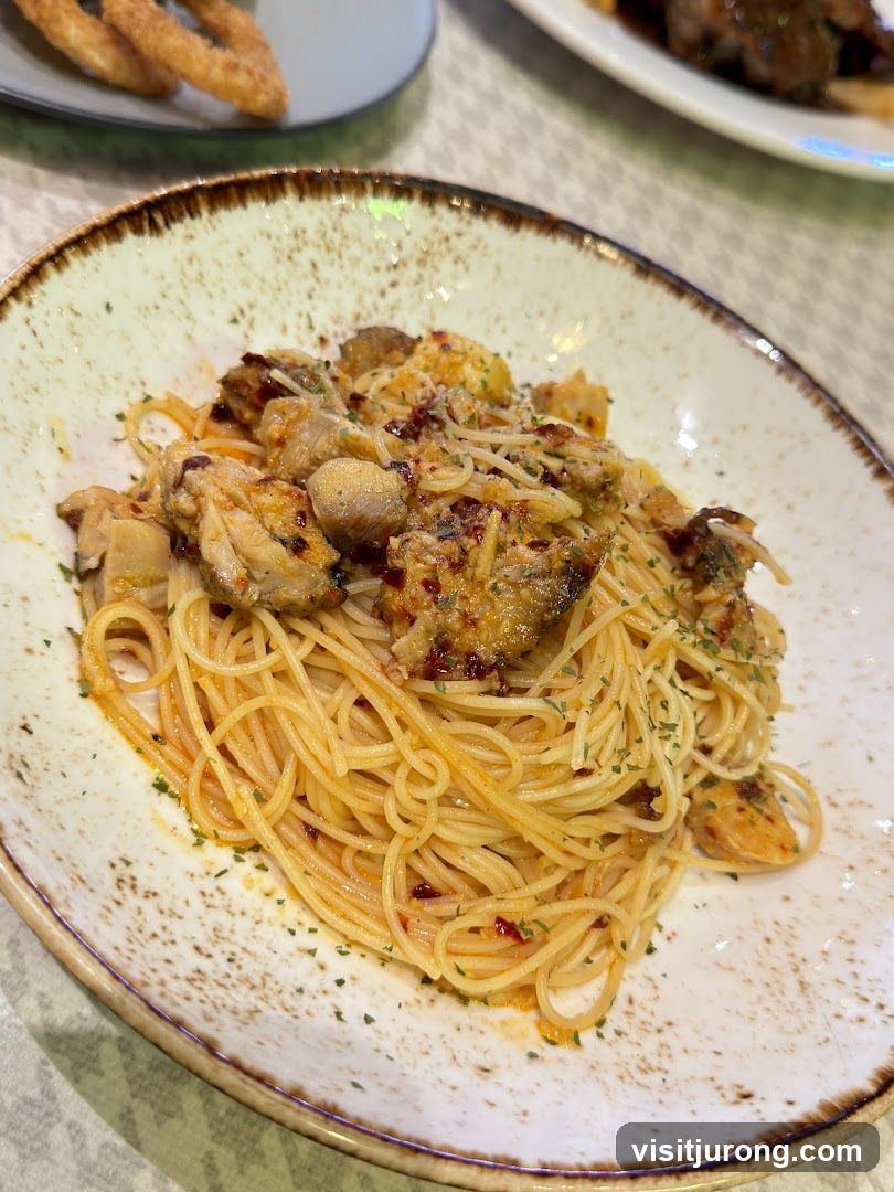 Spaghetti with seafood and chili flakes