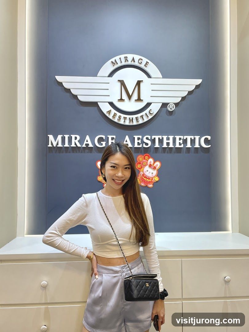 Woman Posing in front of Mirage Aesthetic Signage