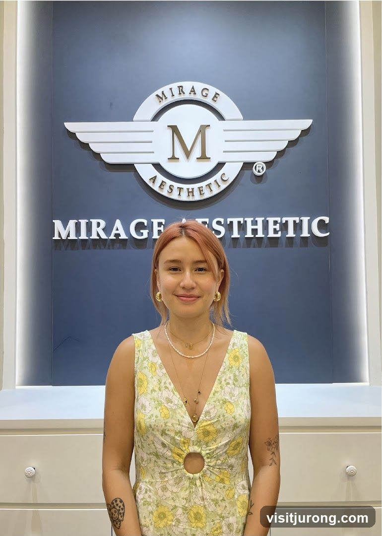 Woman Posing in Front of Mirage Aesthetic Signage