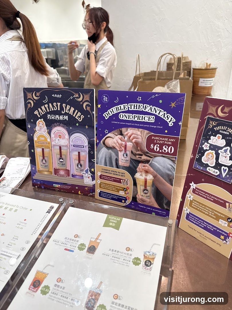 Promotional displays and menus at a beverage shop