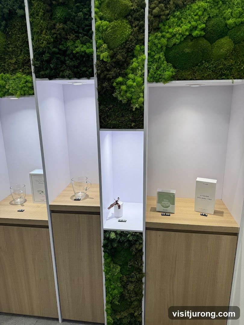 Display shelves with moss and tea products