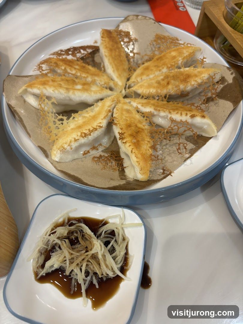 Pan-fried dumplings with dipping sauce