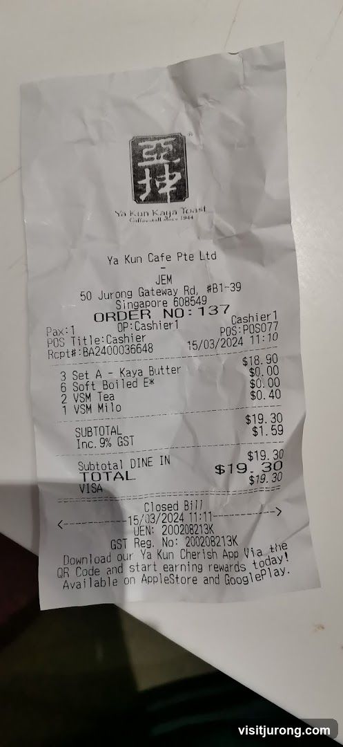 Receipt from Ya Kun Cafe