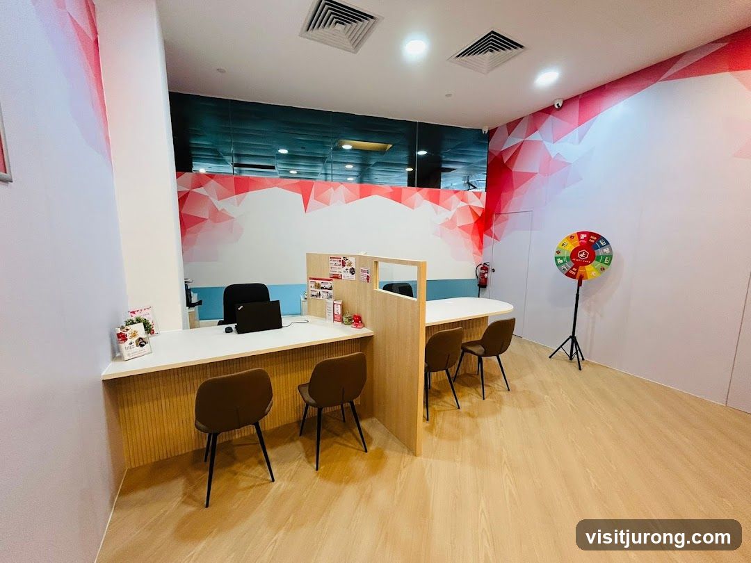 Office interior with reception desk and promotional wheel